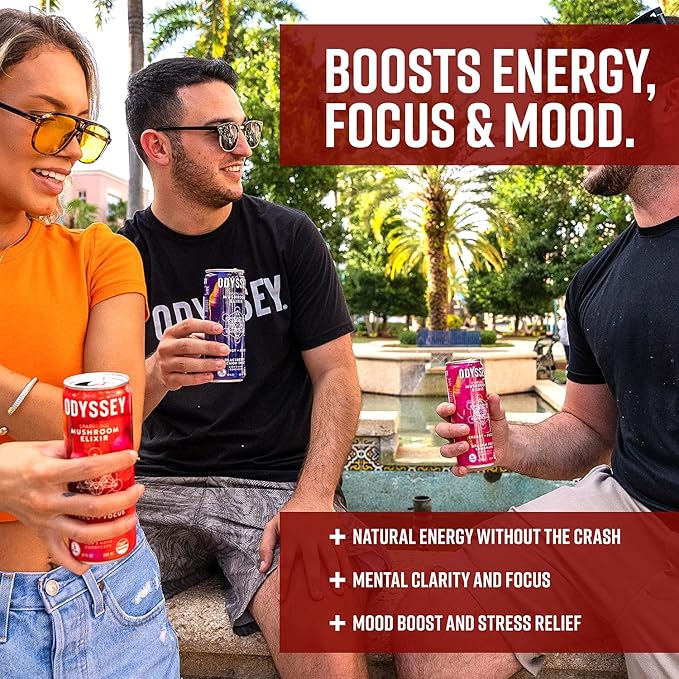 Odyssey Elixir Functional Beverage - Adaptogen Drink - Lions Mane, Cordyceps, L Theanine & Green Tea Caffeine - for Cognition, Energy & Mood Boost - 0 Added Sugar - Passion Fruit Orange Guava - 12 Pk