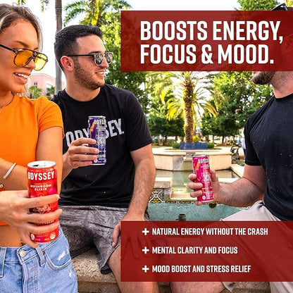 Odyssey Elixir Functional Beverage - Adaptogen Drink - Lions Mane, Cordyceps, L Theanine & Green Tea Caffeine - for Cognition, Energy & Mood Boost - 0 Added Sugar - Passion Fruit Orange Guava - 12 Pk