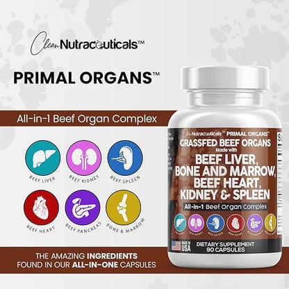 Clean Nutraceuticals Grass Fed Beef Liver Capsules 3000mg - Premium Quality Supplement Packed with Desiccated, Beef Heart, Beef Spleen, Beef Pancreas Plus Bone & Marrow Dao Enzyme Pills - USA Made