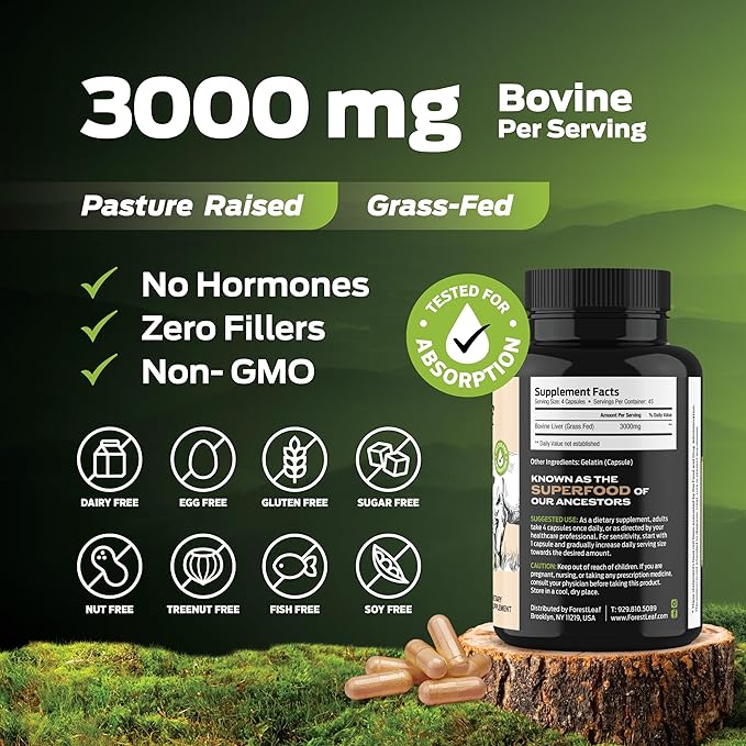ForestLeaf Grass Fed Beef Liver Capsules, 3000mg Per Serving, Supports Full Immunity & Body Wellnes, Cleansing, Digestion, Natural Iron, Vitamin A and B12, Freeze Dried Beef Liver Supplement, 180 Caps