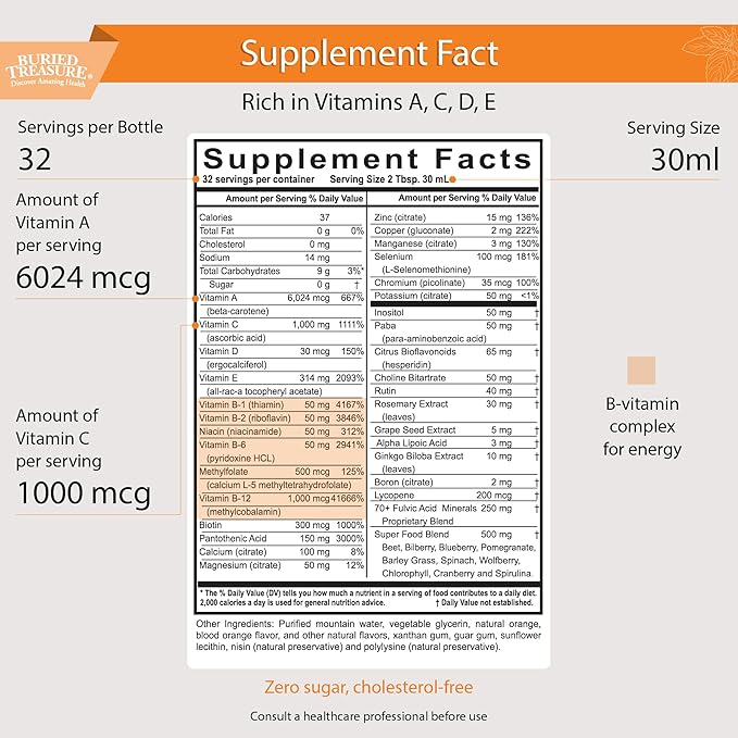 Buried Treasure VM100 Daily Multi - 32 Servings, Liquid Vitamins Minerals Supplement with Dose Cup