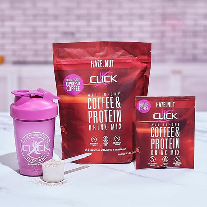 Click Coffee Protein Powder | Double Shot Espresso | 16g Protein | 23 Essential Vitamins | Low Calorie Meal Replacement | 150mg Caffeine | Gluten Free | No Artificial Flavors or Colors | Hazelnut