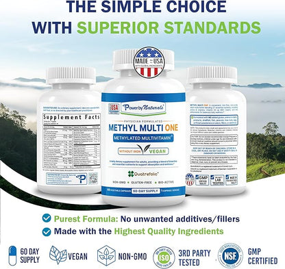 Power By Naturals Methyl Multi One - Vegan Methylated Multivitamin for Men & Women with Methylfolate & Methyl B12 for MTHFR Maintenance, 60 Capsules, 2 Month Supply, USA-Made, Gluten-Free