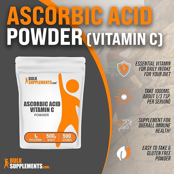 BulkSupplements.com Ascorbic Acid Powder - Vitamin C Supplement, Ascorbic Acid Food Grade - Powdered Vitamin C, Immune Support - Gluten Free, 1g per Serving, 500g (1.1 lbs) (Pack of 1)