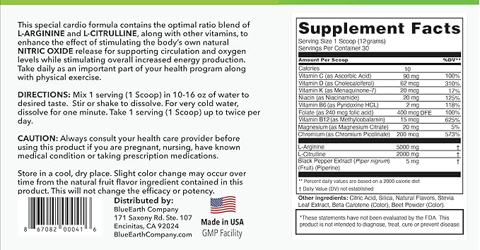 L-Arginine 5000mg + L-Citrulline 2000mg Complex Powder Supplement - Nitric Oxide Booster - Heart Health, Blood Flow, Energy & Endurance - 30 Servings (Peach Lemonade)
