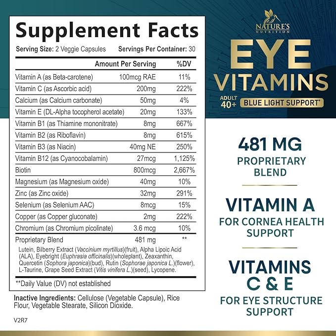 Eye Vitamins & Mineral Supplement, Contains Lutein, Zeaxanthin, Bilberry & Zinc, Supports Eye Strain, Vision Macular Health & Dry Eyes for Adults with Vitamin C & E, Lycopene - 60 Capsules