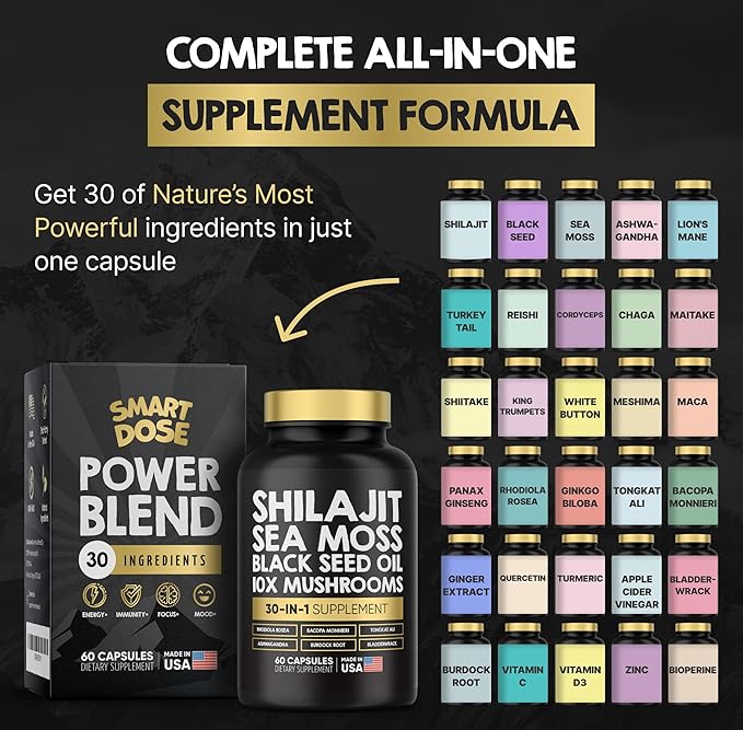 Power Blend Capsules - 30-in-1 Supplement Bundle with Shilajit 6000mg, Sea Moss 4000mg, Black Seed Oil 4000mg, Ashwagandha 2000mg, 10x Mushrooms, Tongkat Ali, Maca, Holistic Pills Combo
