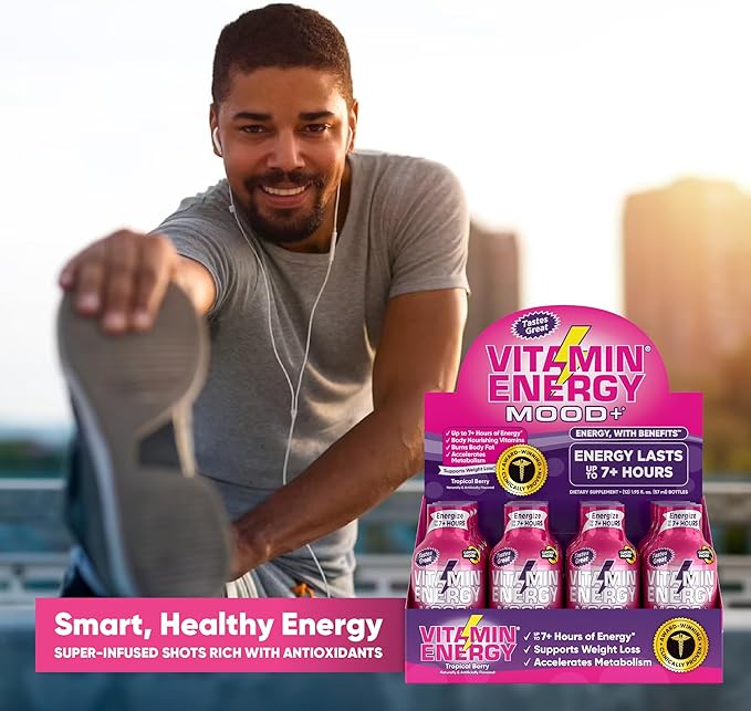 Mood Support Vitamin Energy Drink - Sugar Free, Keto/Vegan Friendly Shots | Mood Balancing with Rhodiola and Chamomile | Energize up to 7+ Hours | Tropical Berry - 1.93 Fl Oz - Pack Of 4
