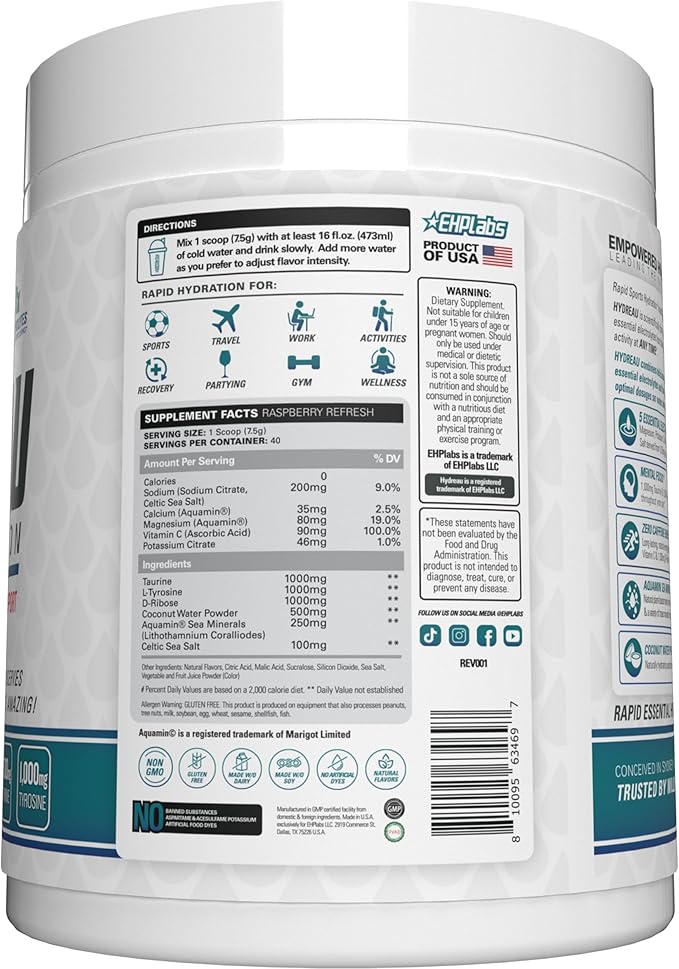 EHP Labs Hydreau Electrolytes Powder No Sugar - Hydration Powder for Endurance & Energy - Electrolyte Powder for Men & Women - Sugar Free Electrolytes - Raspberry Refresh (40 Serves)