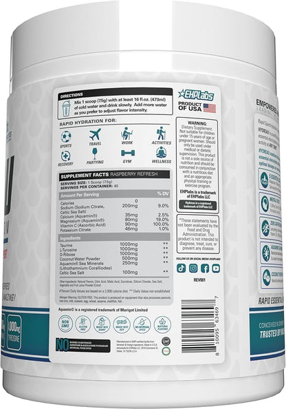 EHP Labs Hydreau Electrolytes Powder No Sugar - Hydration Powder for Endurance & Energy - Electrolyte Powder for Men & Women - Sugar Free Electrolytes - Raspberry Refresh (40 Serves)