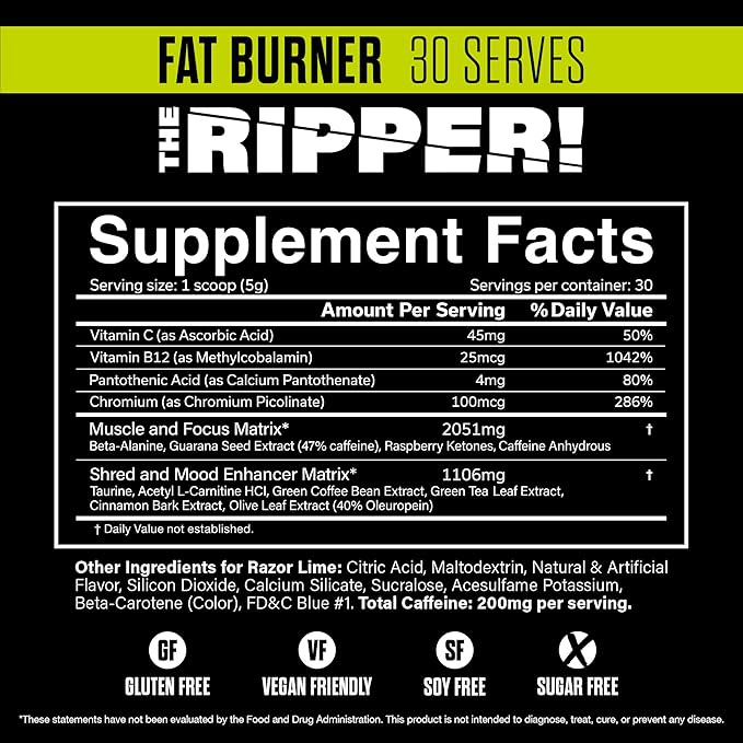 JNX SPORTS The Ripper! Shredding Thermogenic Fat Burner - Razor Lime 30 Servings | Advanced Fast Acting Thermogenic Pre-Workout, Appetite Suppressant for Men & Women
