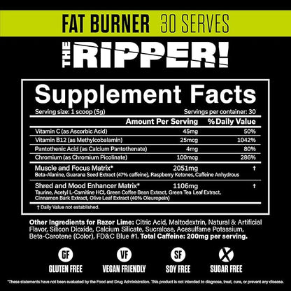 JNX SPORTS The Ripper! Shredding Thermogenic Fat Burner - Razor Lime 30 Servings | Advanced Fast Acting Thermogenic Pre-Workout, Appetite Suppressant for Men & Women