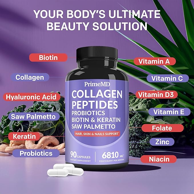 27-in-1 Hair Skin and Nails Vitamins (6810mg) w/Biotin 10000mcg - Biotin and Collagen Supplements for Men and Women - Hair Growth Vitamins, Keratin Supplements with Probiotics and Saw Palmetto, 90ct