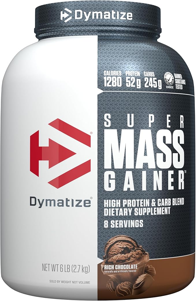 Dymatize Super Mass Gainer Protein Powder, 1280 Calories & 52g Protein, 10.7g BCAAs, Mixes Easily, Tastes Delicious, Rich Chocolate, 6 lbs