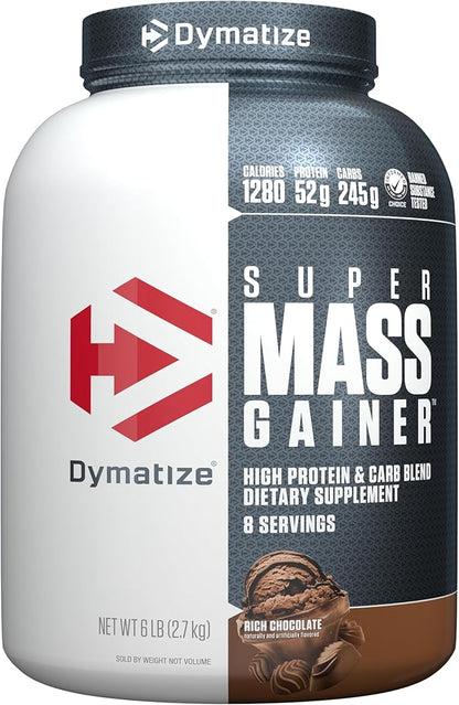 Dymatize Super Mass Gainer Protein Powder, 1280 Calories & 52g Protein, 10.7g BCAAs, Mixes Easily, Tastes Delicious, Rich Chocolate, 6 lbs