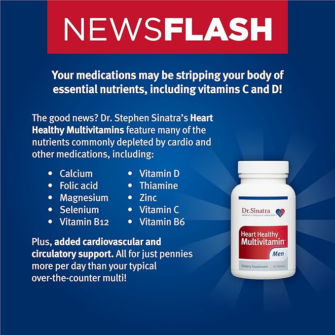 Dr. Sinatra Heart Healthy Multivitamin for Men with Vitamin D 1000 IU, A, B12, C, E, and Zinc, 90 Tablets (30-Day Supply)