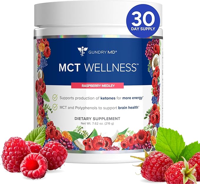 Gundry MD MCT Wellness Powder to Support Energy, Ketone Production and Brain Health, Keto Friendly, Sugar Free (30 Servings) (Raspberry Medley)