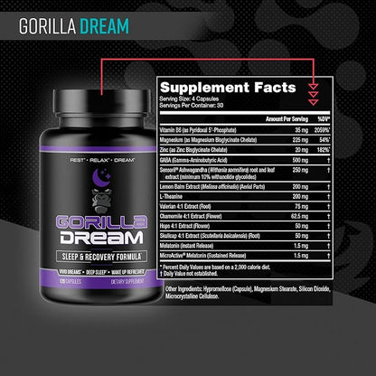 Gorilla Dream Sleep Supplement (120 Capsules) - Nootropic Infused Comprehensive Sleep & Recovery Supplement - GABA, Melatonin, Valerian Root, Magnesium, L-Theanine, Sensoril, Ashwagandha & More