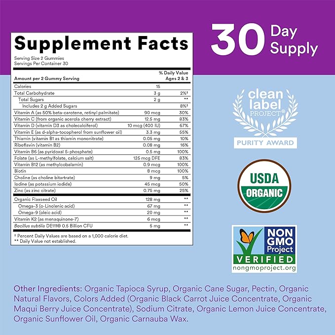 SmartyPants Organic Toddler Multivitamin, Daily Gummy Vitamins: Probiotics, Vitamin C, D3, Zinc, & B12 for Immune Support, Energy & Digestive Health, Fruit Flavor, 60 Gummies, 30 Day Supply