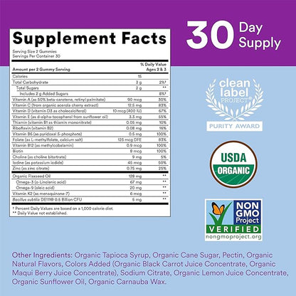 SmartyPants Organic Toddler Multivitamin, Daily Gummy Vitamins: Probiotics, Vitamin C, D3, Zinc, & B12 for Immune Support, Energy & Digestive Health, Fruit Flavor, 60 Gummies, 30 Day Supply