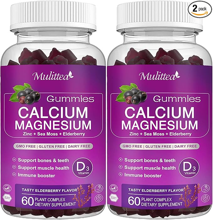 Calcium Magnesium Zinc Gummies with High Absorption Magnesium Glycinate 200mg, Potassium -Plant Calcium Supplement w/ D3 & Sea Moss for Bone, Muscles, Calm Mood & Sleep Support- Kids & adults (2 Pack)