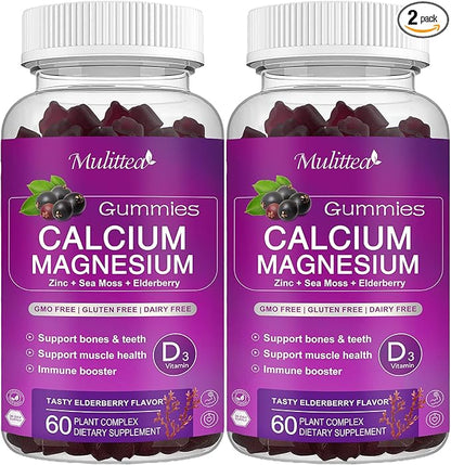 Calcium Magnesium Zinc Gummies with High Absorption Magnesium Glycinate 200mg, Potassium -Plant Calcium Supplement w/ D3 & Sea Moss for Bone, Muscles, Calm Mood & Sleep Support- Kids & adults (2 Pack)