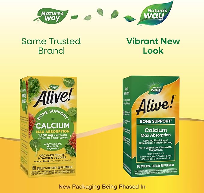 Nature's Way Alive! Calcium Max Absorption, Bone Support*, Plant Source Calcium, Vitamin D3 & K2, Magnesium, 60 Tablets (Packaging May Vary)