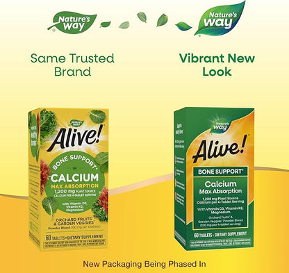Nature's Way Alive! Calcium Max Absorption, Bone Support*, Plant Source Calcium, Vitamin D3 & K2, Magnesium, 60 Tablets (Packaging May Vary)