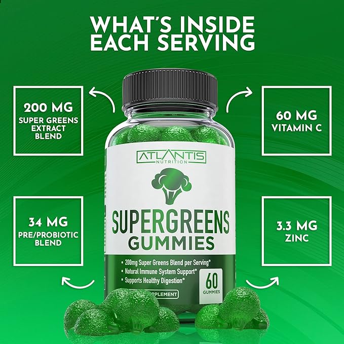Supergreens Gummies - Daily Green Superfoods Supplement with Spinach, Broccoli, Moringa, Beet Root, Celery, Green Tea, & Acai for Immunity Support - Natural Raspberry Flavor, 60 Supergreen Gummies