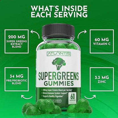 Supergreens Gummies - Daily Green Superfoods Supplement with Spinach, Broccoli, Moringa, Beet Root, Celery, Green Tea, & Acai for Immunity Support - Natural Raspberry Flavor, 60 Supergreen Gummies