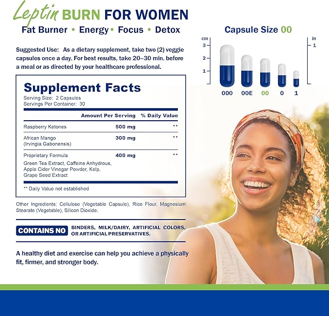 Power By Naturals Advanced Leptin Supplements for Weight Loss for Women, African Mango Leptin Weight Loss, Gluten-Free, Dietary Supplements for Weight Loss, Vegetarian, Easy to Swallow, 60 Capsules