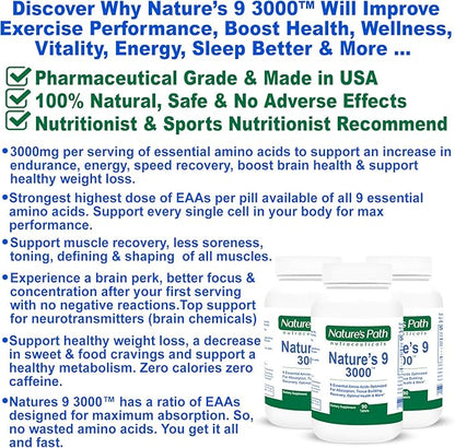 Nature's 9 3000 Essential Amino Acids Supplement, Best EAA Amino Acid Complex All 9 Essential Amino Acid Pills, Vegan Aminos 90 Pill 1 Gram Per Tablet