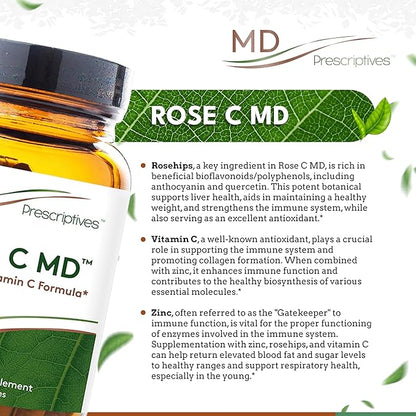 Rose C MD – Synergistic Vitamin C Dietary Supplement with Antioxidants: Rose HIPS, Ascorbic Acid & Zinc – 90 Capsules