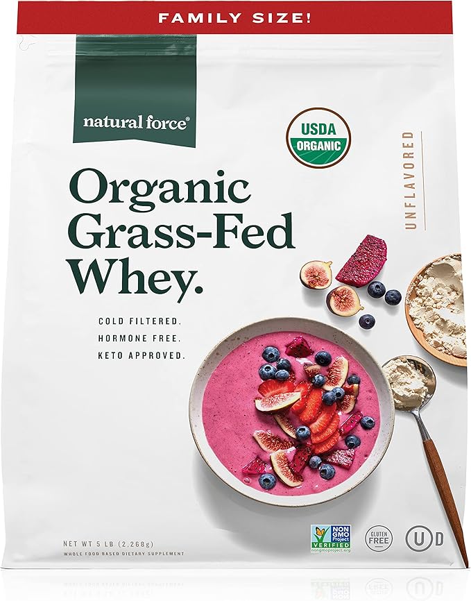Natural Force Grass Fed Organic Whey Protein Powder – Non GMO Verified, Humane Certified & Lab Tested for Toxins – Pure & Unflavored – Keto Friendly, Low Carb, and Kosher – 5 Pound A2 Protein
