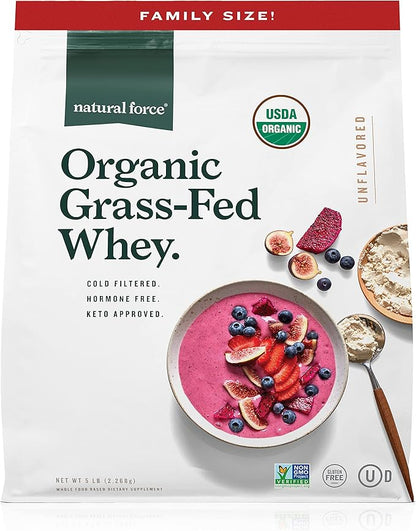 Natural Force Grass Fed Organic Whey Protein Powder – Non GMO Verified, Humane Certified & Lab Tested for Toxins – Pure & Unflavored – Keto Friendly, Low Carb, and Kosher – 5 Pound A2 Protein