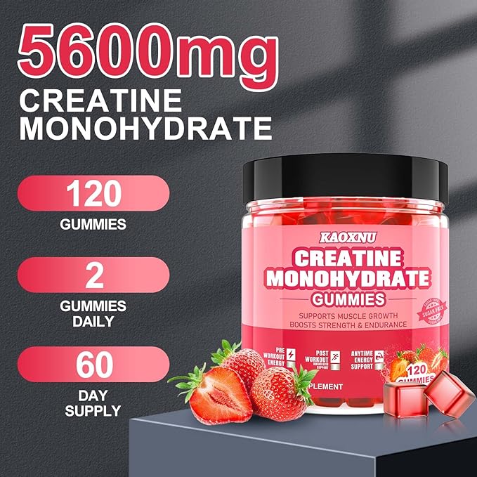 Creatine Monohydrate Gummies for Men & Women 120 CT - 5600mg of Creatine Monohydrate per Serving - Sugar Free Chewable Creatine for Muscle Strength, Energy Boost, Muscle Builder (Strawberry Flavor)