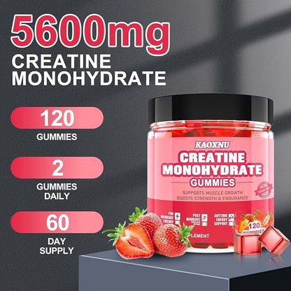Creatine Monohydrate Gummies for Men & Women 120 CT - 5600mg of Creatine Monohydrate per Serving - Sugar Free Chewable Creatine for Muscle Strength, Energy Boost, Muscle Builder (Strawberry Flavor)