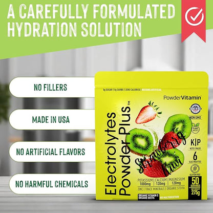 Electrolytes Powder Plus (50 Servings), 0 Calorie Keto, 0 Sugar, No Maltodextrin,1000mg Potassium,120mg Calcium,120mg Magnesium, Hydration Powder (50 Servings, Strawberry Kiwi)