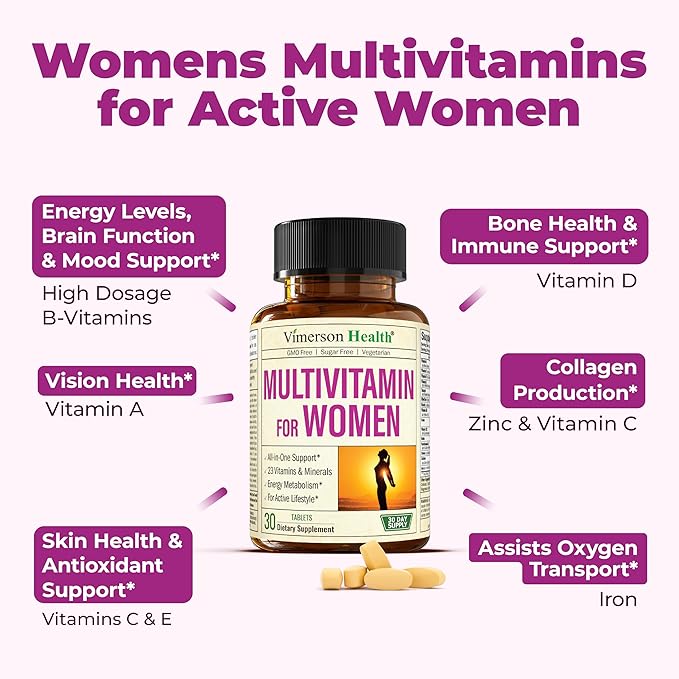 Multivitamin for Women - Daily Womens Multivitamin & Multimineral with Vitamin A, C, D, E, B12, Zinc and Iron. Vitamins for Women - Womens Vitamins for Energy, Focus, and Womens Health. 30 Tablets