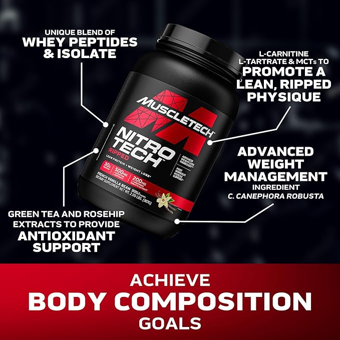 Muscletech Whey Protein Powder (French Vanilla Bean, 2LB) - Nitro-Tech Ripped Whey Protein Isolate & Peptides Smoothie Mix for Lean Muscle & Fast Recovery - 30g of Whey Protein for Women & Men