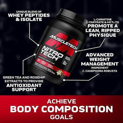 Muscletech Whey Protein Powder (French Vanilla Bean, 2LB) - Nitro-Tech Ripped Whey Protein Isolate & Peptides Smoothie Mix for Lean Muscle & Fast Recovery - 30g of Whey Protein for Women & Men