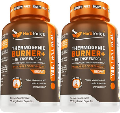 Herbtonics Thermogenic Supplement | Metabolic Health & GLP-1 Support for Men & Women | Clean Energy & Mental Focus | ACV, Green Tea Extract & Caffeine | 120 Veg Capsules