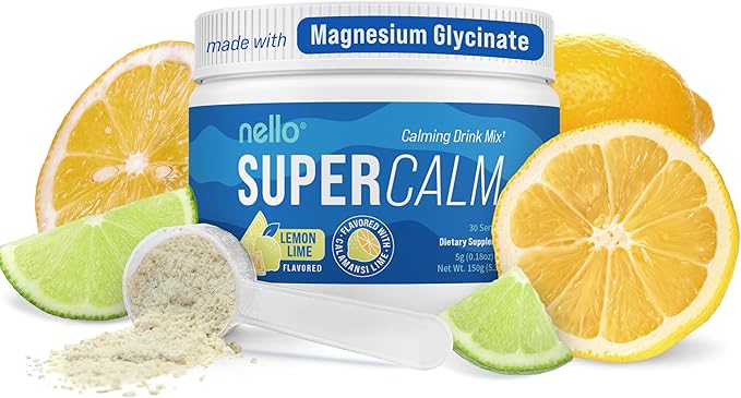 Nello Supercalm Powdered Drink Mix, Lemon Lime, L Theanine, Ksm-66 Ashwagandha, Magnesium Glycinate, Vitamin D 3, Supplements for Relaxation & Focus, Natural, No Sugar, Non GMO, Vegan, 30 Srvgs