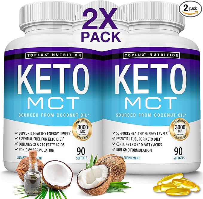 Toplux Keto MCT Oil Capsules - 3000mg Natural Pure Coconut Oil Extract Pills, Source of Energy, Easy to Digest for Men Women, 90 Softgels, Supplement