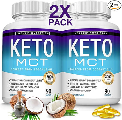 Toplux Keto MCT Oil Capsules - 3000mg Natural Pure Coconut Oil Extract Pills, Source of Energy, Easy to Digest for Men Women, 90 Softgels, Supplement