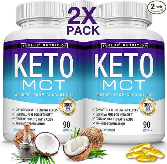 Toplux Keto MCT Oil Capsules - 3000mg Natural Pure Coconut Oil Extract Pills, Source of Energy, Easy to Digest for Men Women, 90 Softgels, Supplement