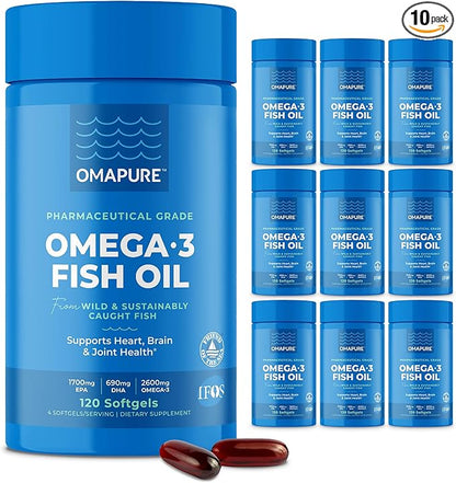 Fish Oil Supplements with Omega 3 Fatty Acids (10 Bottles, 120 Softgels) - High EPA, DHA, & IFOS Fish Oil Pills Support Heart & Joint Health - Burpless Fish Oil Promotes Brain Function