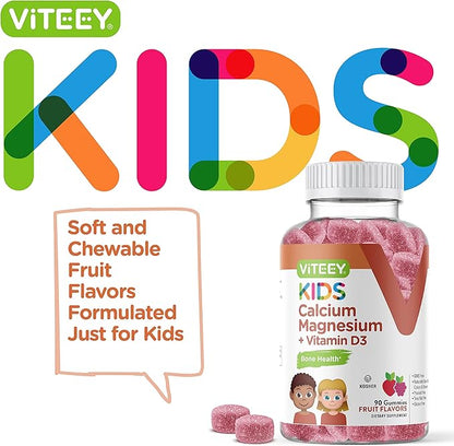 Kids Calcium Gummies + Vitamin D3 & Magnesium Citrate for Kids and Teens - Supports Bone Health, Immune Support, Energy & Muscle Function - Gluten Free, GMO Free - Tasty Chewable Fruit Flavored Gummy