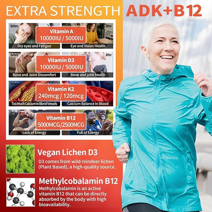 Sugar-Free ADK+Vitamin B12 Gummies - Vitamin D3 K2 10,000IU/ 5000IU, B12 5000mcg 2500mcg, K2 (MK-7) 240mcg, Multivitamin Adults-Vitamin A,Vegan Vitamin D,Methyl B12,C,Zinc-Eye,Bone,Energy,Nerve,Immune