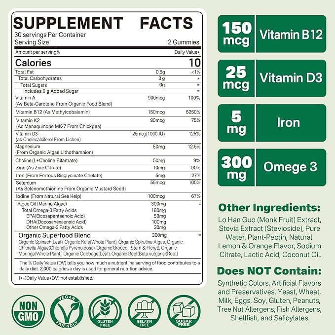 Multivitamin for Vegans & Vegetarians w/ Vitamin D3 K2, Methyl B12, Iron, Zinc, Choline, Algae Omega 3 from Sustainable Source, Women Men Daily Vitamins Gummies for Overall Wellness, No Sugar, 60 Cts